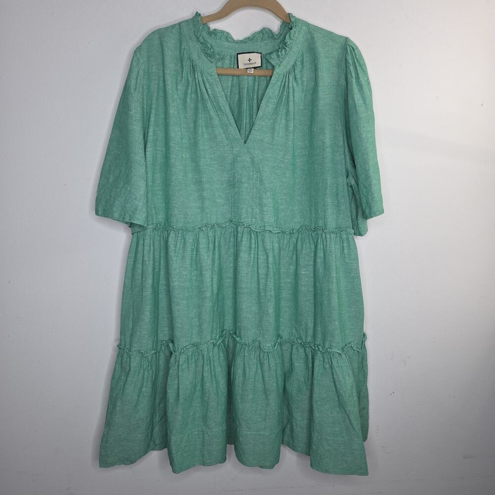 Tuckernuck Dress XXL Green Linen Tiered Babydoll V-Neck 55% Linen Boho XXL